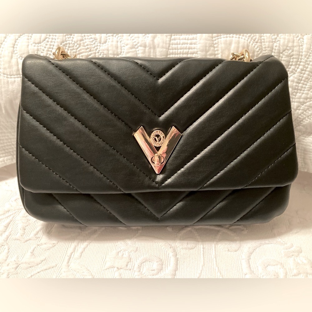 Valentino Orlandi Black Shoulder Purse with Gold Tone Chain Strap